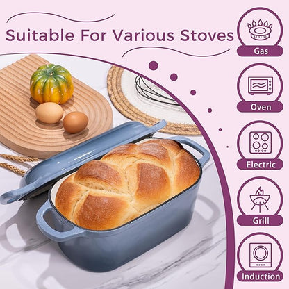 4.6-Quart Oval Dutch Oven for Bread Baking, 2 in 1 Enameled Cast Iron Bread Pan with Lid, Sourdough Bread Dutch Oven for a Crispy Crust, Seasalt