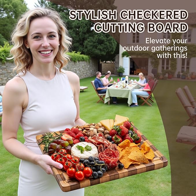Checkered Cutting Boards for Kitchen, Wooden Cutting Board Set, Acacia Chopping Board with Juice Grooves & Handles, Butcher Block Serving Tray for Meat, Vegetables and Fruits, 3pcs - Image 7