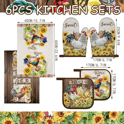 Leinuosen 6 Rooster Sunflower Farmhouse Kitchen Decor Dish Towels Oven Mitts and Pot Holders Sets Chicken Kitchen Towels Absorbent Decorative Accessories for Cooking Baking Grilling