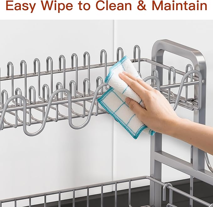 2 Tier Dish Drainer Drying Rack for Kitchen Counter, Large Stainless Steel Dishes Dryer with Drainboard, Space Saving, Big Rustproof Metal Modern Countertop Plates Strainer with Utensil Holder, Sliver - Image 9