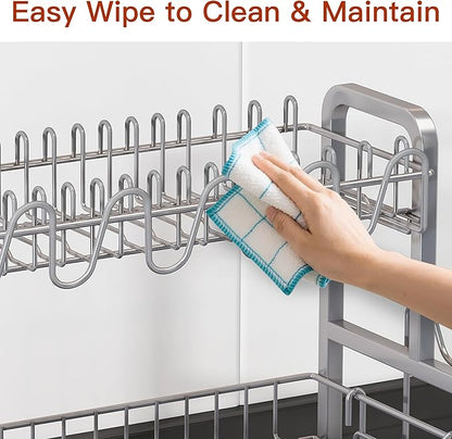 2 Tier Dish Drainer Drying Rack for Kitchen Counter, Large Stainless Steel Dishes Dryer with Drainboard, Space Saving, Big Rustproof Metal Modern Countertop Plates Strainer with Utensil Holder, Sliver - Image 9