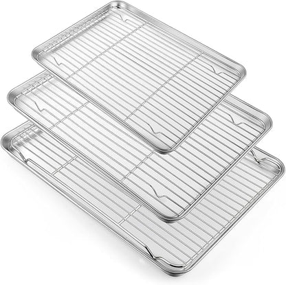 TeamFar Baking Sheet with Rack Set (3 Pans + 3 Racks), 17.6/16/12.5 Inch Stainless Steel Cookie Sheets Baking Pans Trays and Cooling Racks for Cooking Roasting, Non-Toxic & Heavy Duty, Dishwasher Safe
