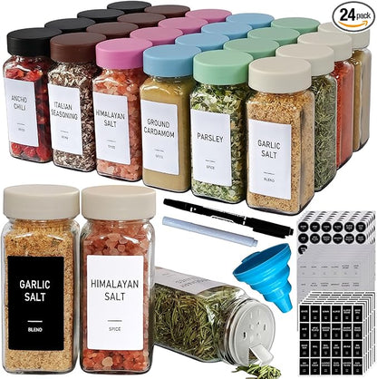 Spice Jars with Labels - 24 Glass Spice with Shaker Lids & Airtight Plastic Caps - 4oz Complete Seasoning Containers Organizer Set for Cabinet, Drawer & Rack (Beige) by Unknown
