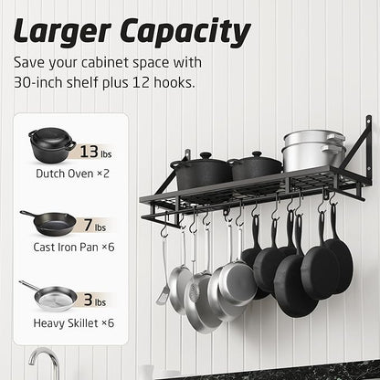 KES 30-Inch Kitchen Pan Pot Rack Wall Mounted Hanging Storage Organizer Wall Shelf with Hooks Matte Black, KUR215S75A-BK