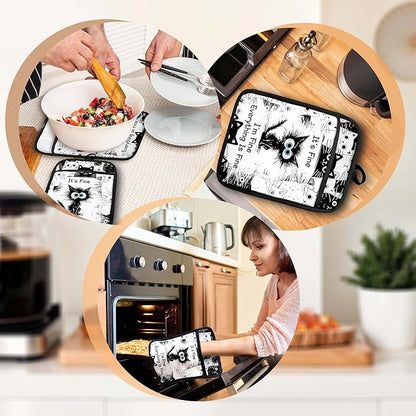 Funny Black Cat Pot Holders with Pockets Set of 2, It's Fine Sarcastic Cat Oven Pot Holders Heat Resistant Oven Mitts Hot Pads for Kitchen Baking Cooking