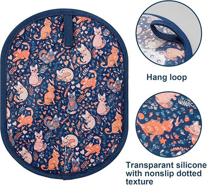 Pot Holders Set of 2 with Transparent Clear Silicone Shell and Nice Cat Flower Cotton Lining, Heat Resistant to 500 F Kitchen Oven Gloves Pot Holder for Cooking (Navy, Cat, Potholders) - Image 3