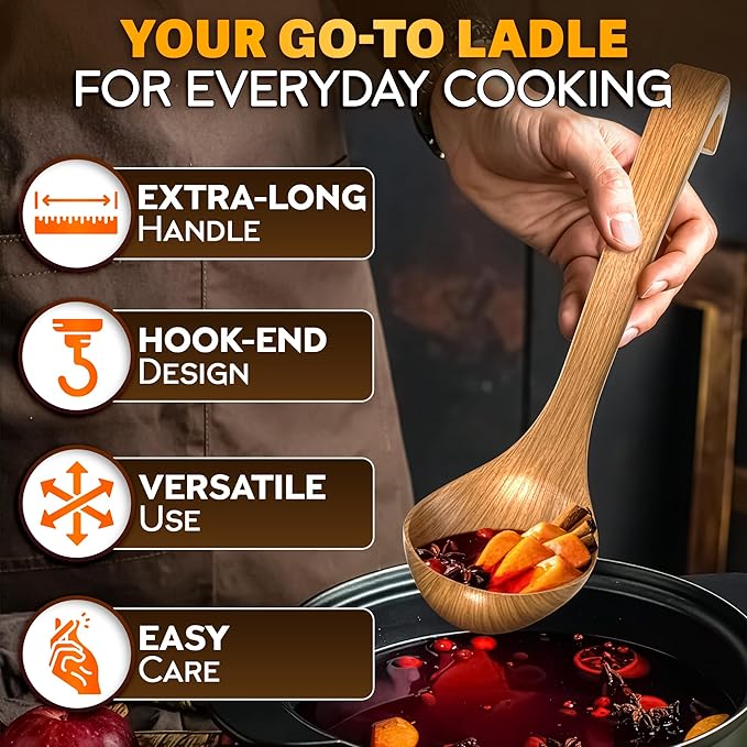 Wooden Ladle for Soup – 10.8×2.8" Deep Wood Ladle with 2.7 fl oz Capacity, Long Handle Hook-End & Lacquer Coating for Comfortable Grip – Easy-Clean Wooden Soup Spoon for Sauces, Stews & Kitchen Use