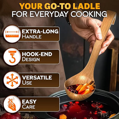 Wooden Ladle for Soup – 10.8×2.8" Deep Wood Ladle with 2.7 fl oz Capacity, Long Handle Hook-End & Lacquer Coating for Comfortable Grip – Easy-Clean Wooden Soup Spoon for Sauces, Stews & Kitchen Use