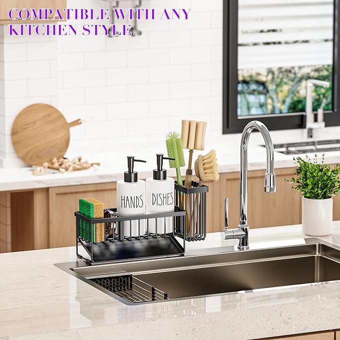 MASADI Kitchen Dish Soap Dispenser Set with Sponge Holder, 12OZ Glass Bottle, Hand and Dish Soap Dispenser Set, Non-Slip Silicone Pad, Brush Holder, Kitchen Sink Organizer Countertop (Black+White) - Image 7