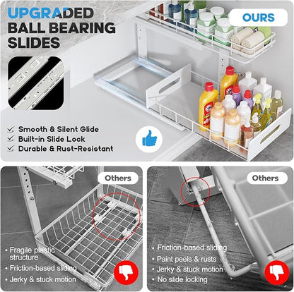 Under Sink Organizer Upgrade To Professional Rails,2-Tier Dual Pull Out Cabinet Storage,Height Adjustable Slide Out Drawers For Bathroom Kitchen,2 Pack-18.5"Dx12.8"-16.9"H,White - Image 3