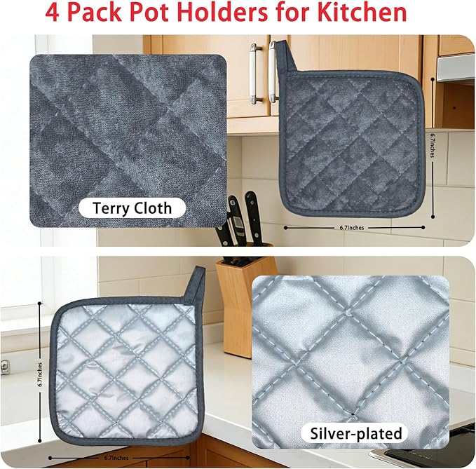 4 Pack Pot Holders for Kitchen Clearance Oven Potholders Sets for Kitchens Hot Pads for Kitchen Countertops Heat Resistant Grey - Image 3