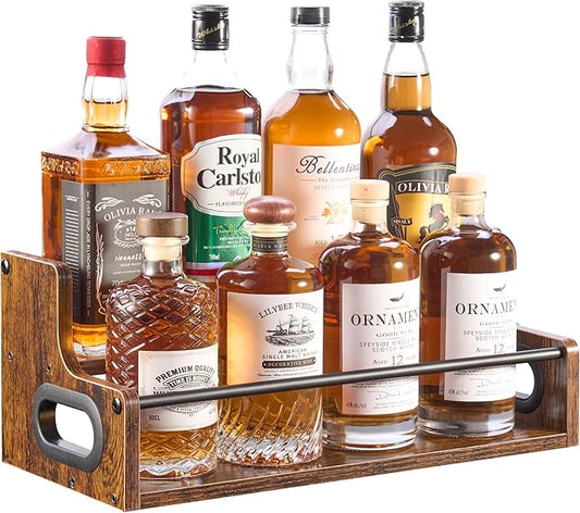 YQBRAO 2-Tier Liquor Bottle Display Shelf, Coffee Syrup Rack Organizer, Water Bottle Organizer, Mini Bar Cabinet, Rustic Bar Shelves for Liquor Whiskey, Spirits