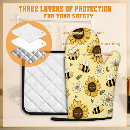 Sunflower Bee Oven Mitts and Pot Holders Set,Daisy Kitchen Oven Gloves and Pot Holder with Heat Resistant Non Slip for Cooking Baking Grilling(4 Piece Set)