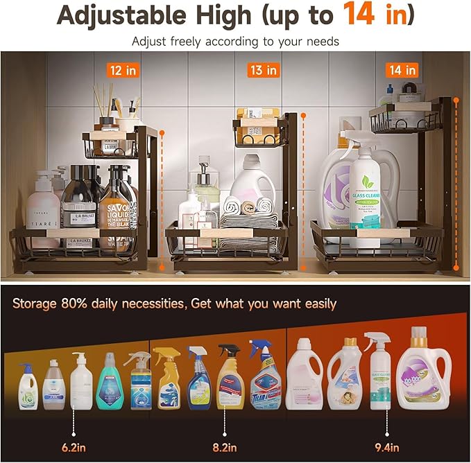 Sevenblue 2 Packs Under Sink Organizer, Height Adjustable 2 Tier Under Kitchen Sink Organizer, Multi-Purpose Storage Shelf for Kitchen Bathroom Cabinet (Brown, Extra Large) - Image 3