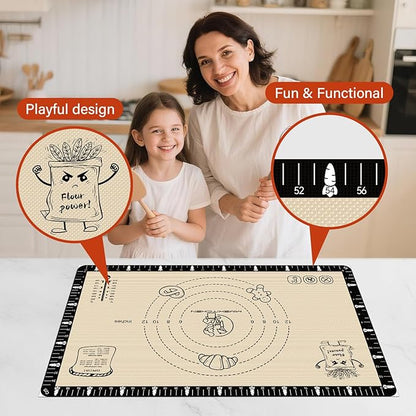 Silicone Baking Mat with Recipes, Silicone Mat for Baking Macaron, Bread, Pizza, Surdough, Silicone Baking Mat with Measurement, Non Stick Pastry Mat for Dough Rolling
