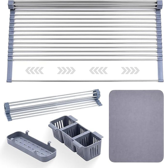 Havenity™ Expandable Roll Up Dish Drying Rack with Drying Mat - Adjustable Up to 22.75" with 2 Free Attachments & 2 Removable Baskets, 304 Stainless Steel Over The Sink Dish Drying Rack Cover Kitchen