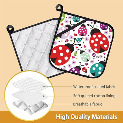 Ladybug Flower Pot Holder Set of 2,Heat Resistant Potholders Oven Hot Pads for Kitchen Cooking Baking BBQ