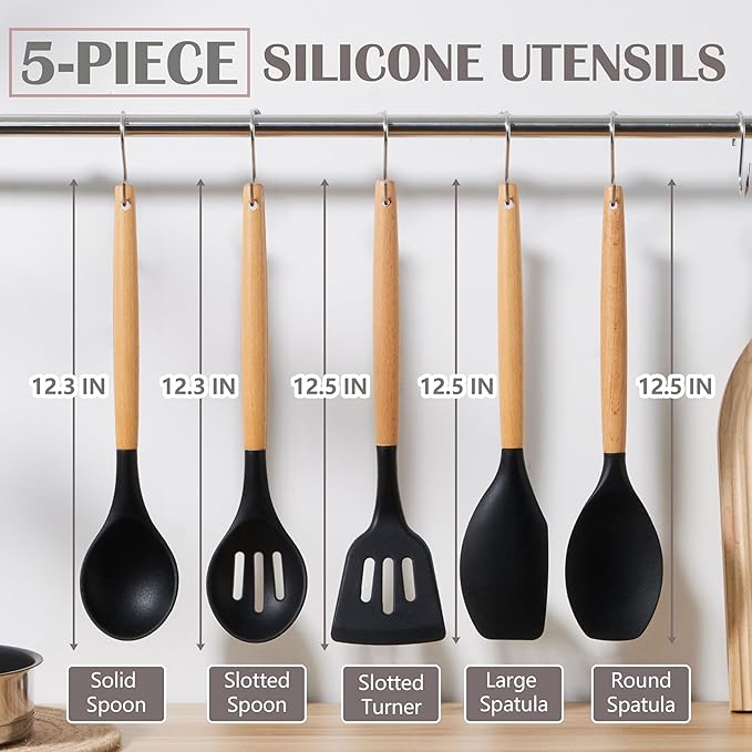 E-far Silicone Cooking Utensils Set, 5-Piece Black Kitchen Utensils Set with Wooden Handle for Cooking, Silicone Kitchen Nonstick Tools Spatula Turner Slotted Spoons, Nontoxic & Heat Resistant-Black - Image 2