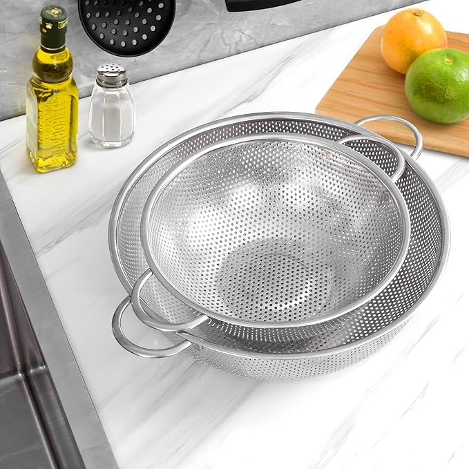 E-far Stainless Steel Colander, 3-Quart Micro-Perforated Metal Colander Strainer with Handle for Kitchen/Draining Pasta/Rinsing Vegetables Fruits, Heavy Duty & Dishwasher Safe - 8.8 Inches - Image 7