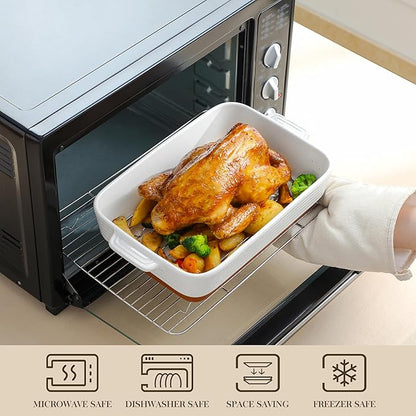 MALACASA Casserole Dishes for Oven with Roasting Racks, Ceramic Baking Dishes Set of 3, Baking Pan Casserole Dish Set, Rectangular Lasagna Pan Deep with Handles for Baking, Khaki White (14.5''/13''/10.5''), Series TARA - Image 4