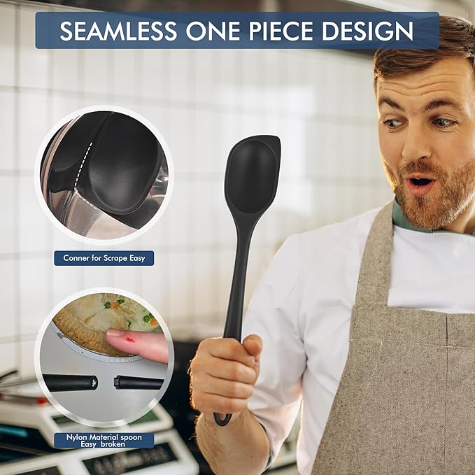 HOTEC Heat Resistant Silicone Cooking Spoon Spatula, Large Kitchen Solid and Slotted Spoons for Mixing, Serving, Scraping, Non-stick, Dishwasher Safe Black 12.5inch - Image 4