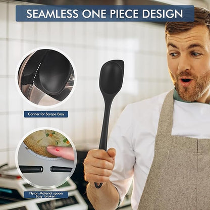 HOTEC Heat Resistant Silicone Cooking Spoon Spatula, Large Kitchen Solid and Slotted Spoons for Mixing, Serving, Scraping, Non-stick, Dishwasher Safe Black 12.5inch - Image 4