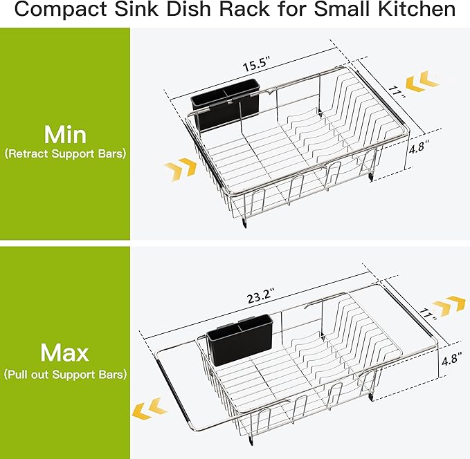 JASIWAY Dish Drying Rack in Sink, Expandable Stainless Steel Dish Drainers for Kitchen Counter, Dish Dryer Rack for Inside Sink, Over The Sink Dish Racks with Utensil Holder, Silver - Image 4