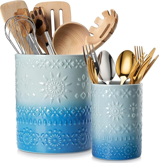 LOVECASA Utensil Holder, 7.2"+5.4" Ceramic Utensil Holder for Countertop, Large Cooking Utensil Crocks for Kitchen Counter, Farmhouse Utensil Vase for Housewarming, Kitchen Decor, Set of 2, Oceans by LOVECASA