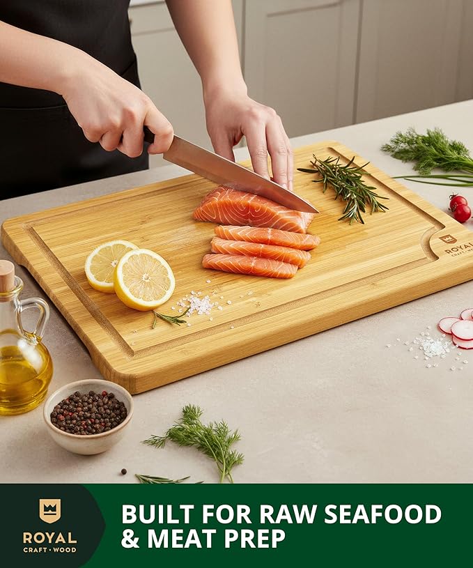 ROYAL CRAFT WOOD Wooden Cutting Boards for Kitchen Meal Prep & Serving - Bamboo Wood Serving Board Set with Deep Juice Groove Side Handles - Charcuterie & Chopping Butcher Block for Meat - Image 7