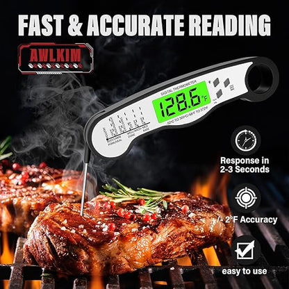 AWLKIM Digital Meat Thermometer with Doneness Chart, 2-Sec Instant Read Food Thermometer for Cooking, Grilling, Oven, Air Fryer - Waterproof Backlit Magnetic Flip Probe, Gift for Men, Dad - Black - Image 2