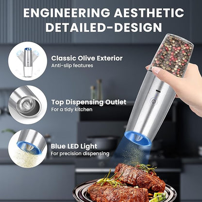 UNNEES Rechargeable Electric Salt and Pepper Grinder set of 2, gravity electric salt and pepper grinder set, Adjustable Roughness, LED Light, 2 Pack, (Silver) - Image 4