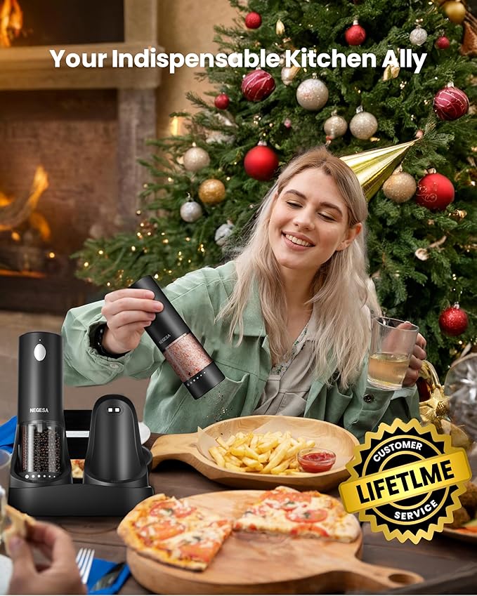 Electric Salt and Pepper Grinder Set with Rechargeable Base - Automatic Refillable Electric Salt and Pepper Shakers with Large Capacity, LED Light & Adjustable Coarseness, Black - Image 2