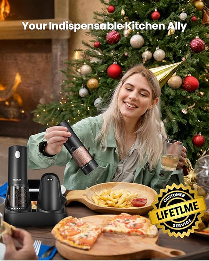Electric Salt and Pepper Grinder Set with Rechargeable Base - Automatic Refillable Electric Salt and Pepper Shakers with Large Capacity, LED Light & Adjustable Coarseness, Black - Image 2