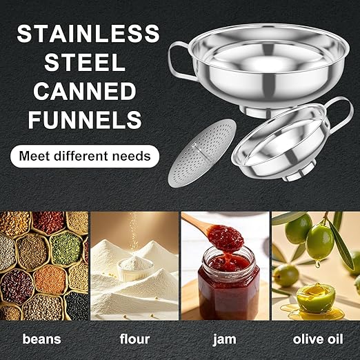 3 Piece Stainless Steel Canning Funnel Set with Strainer, Wide Mouth Mason Jar Funnels for Kitchen, Metal Funnel for Filling Bottles, Canning Supplies for Preserving, Dishwasher Safe
