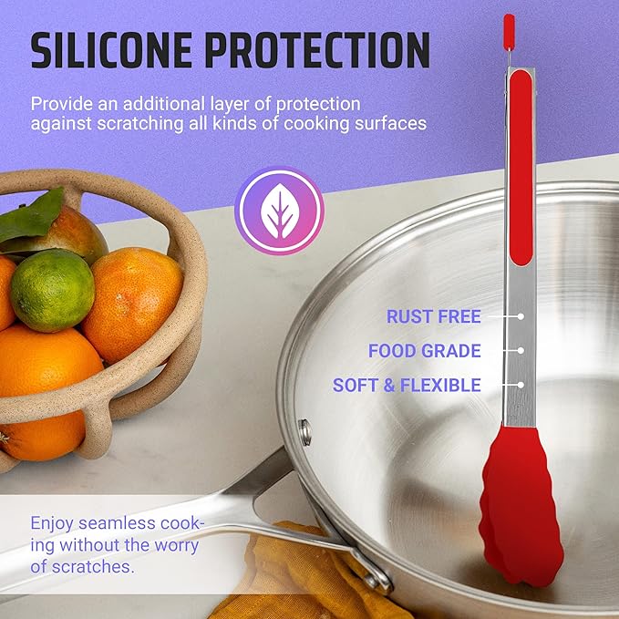 Kaluns Kitchen Tongs for Cooking Grilling Set of 4, BBQ Grill Tongs With Silicone Tip Stainless Steel Heat Resistant, Non-stick Pull Lock, Incl 7, 9, 12 Inch Tong Plus a Silicone Spatula - Image 3