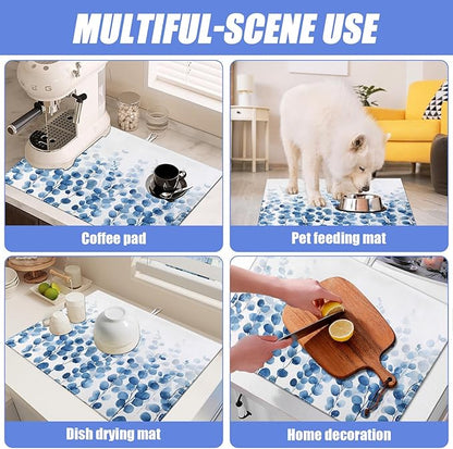Blue Eucalyptus Leaves Dish Drying Mat for Kitchen Counter Drying Pad Absorbent Reversible Dish Drainer Rack Mats Draining Pad 18"x24"Inch