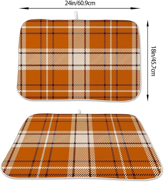 Fall Dish Drying Mat 18 x 24 inch Autumn Orange Buffalo Plaid Themed Decorative Drying Mats Microfiber Absorbent Dish Washable Draining Mat for Kitchen Counter Decor