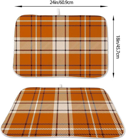Fall Dish Drying Mat 18 x 24 inch Autumn Orange Buffalo Plaid Themed Decorative Drying Mats Microfiber Absorbent Dish Washable Draining Mat for Kitchen Counter Decor