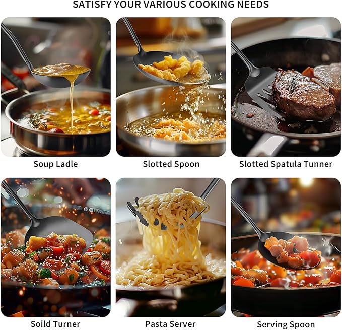 304 Stainless Steel Cooking Utensil,Kitchen Kitchen Utensil with Spatula, Solid Spoon, Ladle, Skimmer, Spaghetti Spoon, 6 Piece Set, Dishwasher Safe(Black) - Image 6
