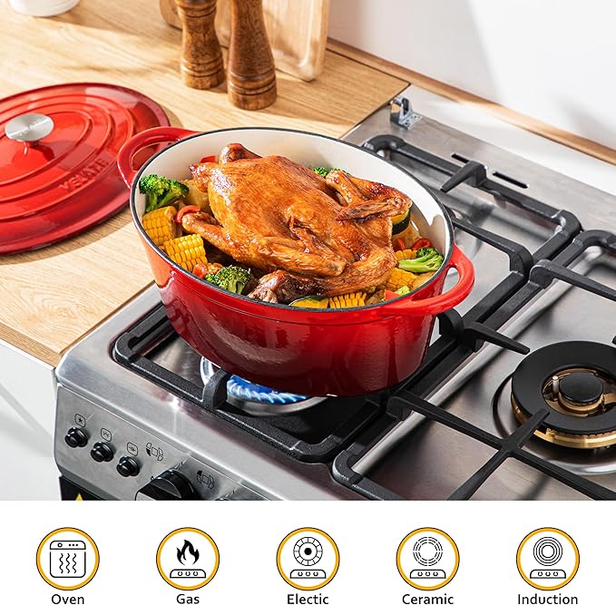 Velaze 7.5 QT Enameled Oval Dutch Oven Pot with Lid, Cast Iron Dutch Oven with Dual Handles for Bread Baking, Cooking, Frying, Non-stick Enamel Coated Cookware (RED) - Image 2