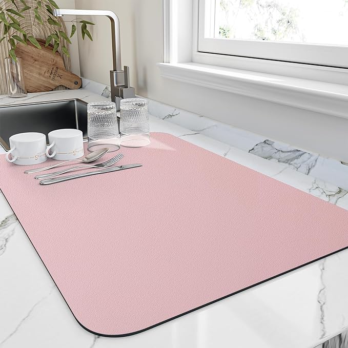 HotLive Dish Drying Mat for Kitchen Counter, Heat Resistant Drainer Mats with Non-slip Rubber Backed, Hide Stain Kitchen Super Absorbent Draining Mat, Easy to Clean Dish Rack Pad, Pink 16"x18" by HotLive