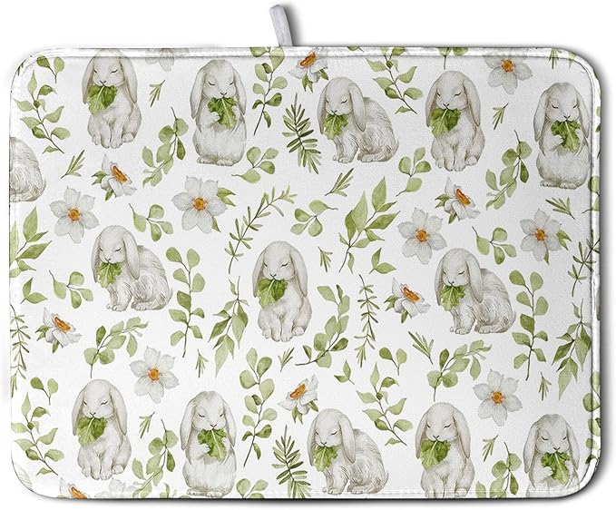 Easter Bunny Floral Drying Mat for Kitchen Counter Spring Easter Rabbits Green Leaves Dry Dish Mat Absorbent Microfiber Dish Draining Washable Dish Drainer Rack Mat Large 18x24 Inch by Kwlegh