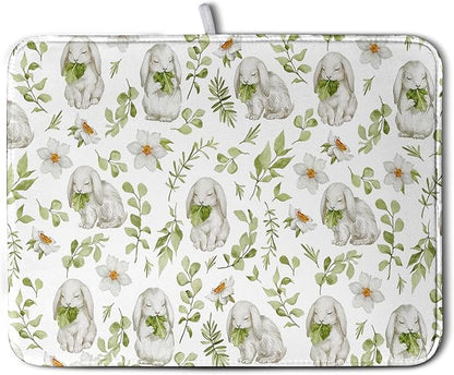Easter Bunny Floral Drying Mat for Kitchen Counter Spring Easter Rabbits Green Leaves Dry Dish Mat Absorbent Microfiber Dish Draining Washable Dish Drainer Rack Mat Large 18x24 Inch by Kwlegh