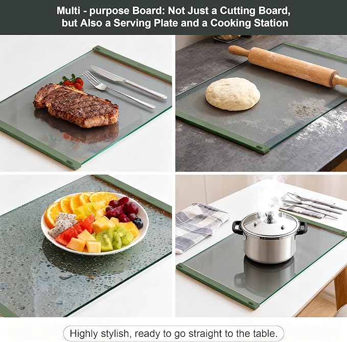 Glass Cutting Boards for Kitchen(12x16" & 12x8"),European Grey Glass Paired with Lemon Green Silicone Grip,No Scratches/Microplastic-Free/Non Toxic,Excellent Gift for Mother's Day and Father's Day