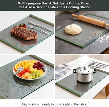 Glass Cutting Boards for Kitchen(12x16" & 12x8"),European Grey Glass Paired with Lemon Green Silicone Grip,No Scratches/Microplastic-Free/Non Toxic,Excellent Gift for Mother's Day and Father's Day