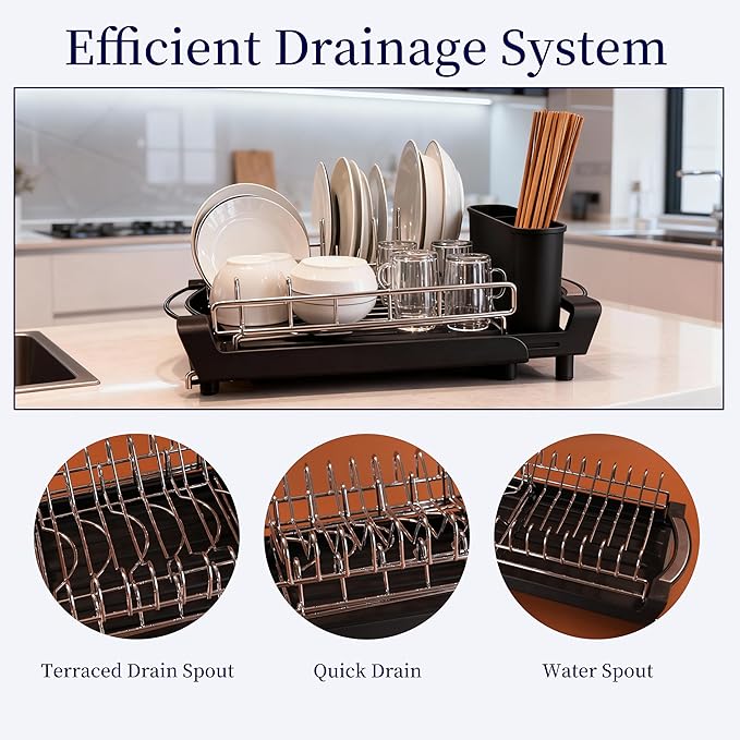 Dish Drying Rack Compact Expandable Double-Decker: Stainless, Rust-Proof, fits Kitchens/Apartments, extends 11.42"-19.9" (Black). - Image 4