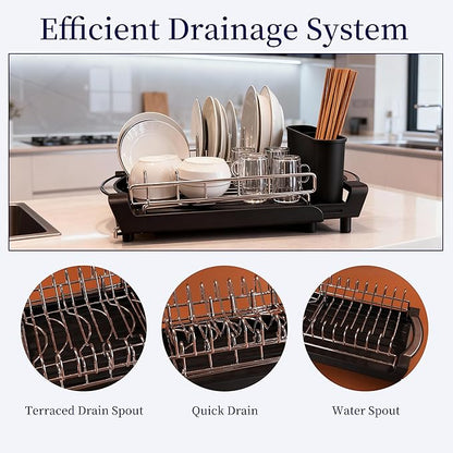 Dish Drying Rack Compact Expandable Double-Decker: Stainless, Rust-Proof, fits Kitchens/Apartments, extends 11.42"-19.9" (Black). - Image 4