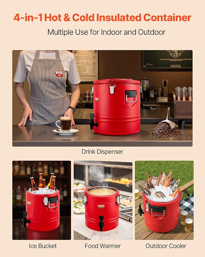 VEVOR Insulated Beverage Dispenser, 8 Gal/30.3L Thermal Hot and Cold Drink Server Dispenser with Spigot, Food-Grade Cooler Jug with 304 Stainless Steel Interior, for Tea Coffee Restaurant Outdoor