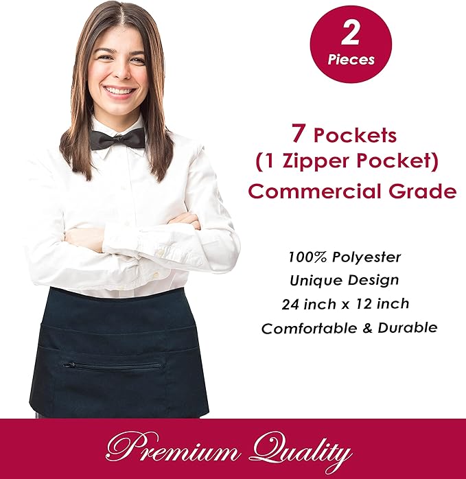 7 Pockets Server Aprons with Zipper Pocket (2 Pack) - Aprons for Women Men - Waiter Waitress Waist Half Apron 24x12