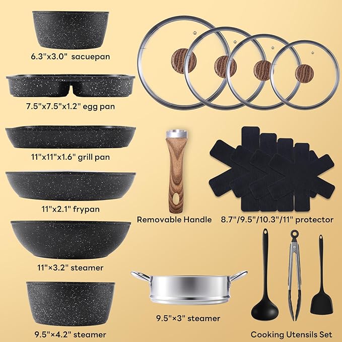 NEWBULIG 17-Piece Nonstick Cookware Set, Non-Toxic Pots and Pans with Stay-Cool Handles, Induction Compatible Cookware, PFAS & PFOA-Free, Black